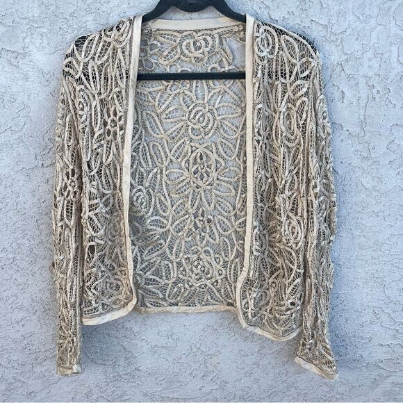 Cream Crochet Cardigan SZ L Open Front Gold Beaded Boho Garden Fairy Cottagecore - Picture 1 of 5